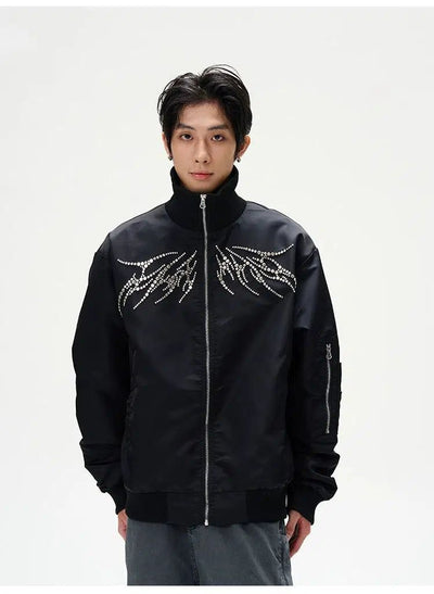 Rivet Detail Zipped Bomber Jacket Korean Street Fashion Jacket By 77Flight Shop Online at OH Vault