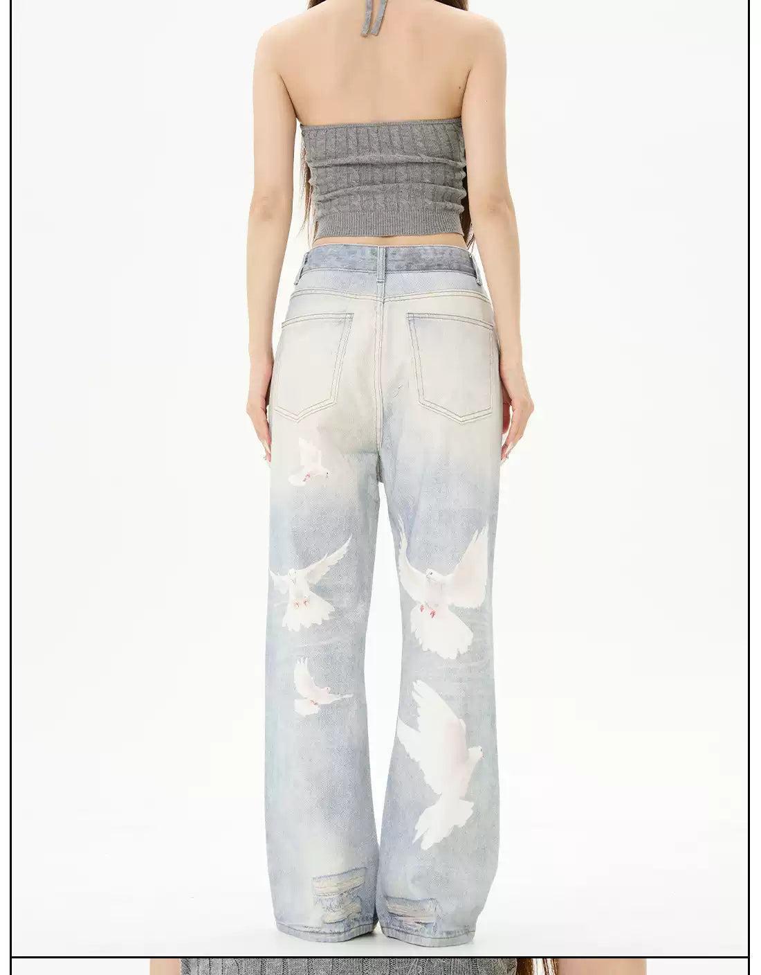 Washed Dove Graphic Jeans Korean Street Fashion Jeans By 77Flight Shop Online at OH Vault