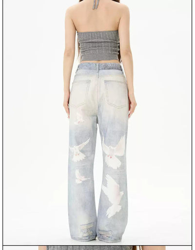 Washed Dove Graphic Jeans Korean Street Fashion Jeans By 77Flight Shop Online at OH Vault