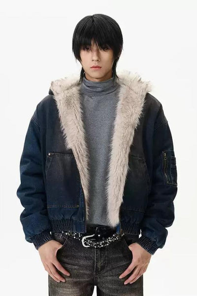 Plushy Washed Hooded Denim Jacket Korean Street Fashion Jacket By 77Flight Shop Online at OH Vault