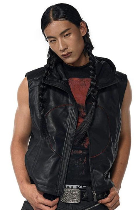 Stars Patched Hooded PU Leather Vest Korean Street Fashion Vest By Slim Black Shop Online at OH Vault