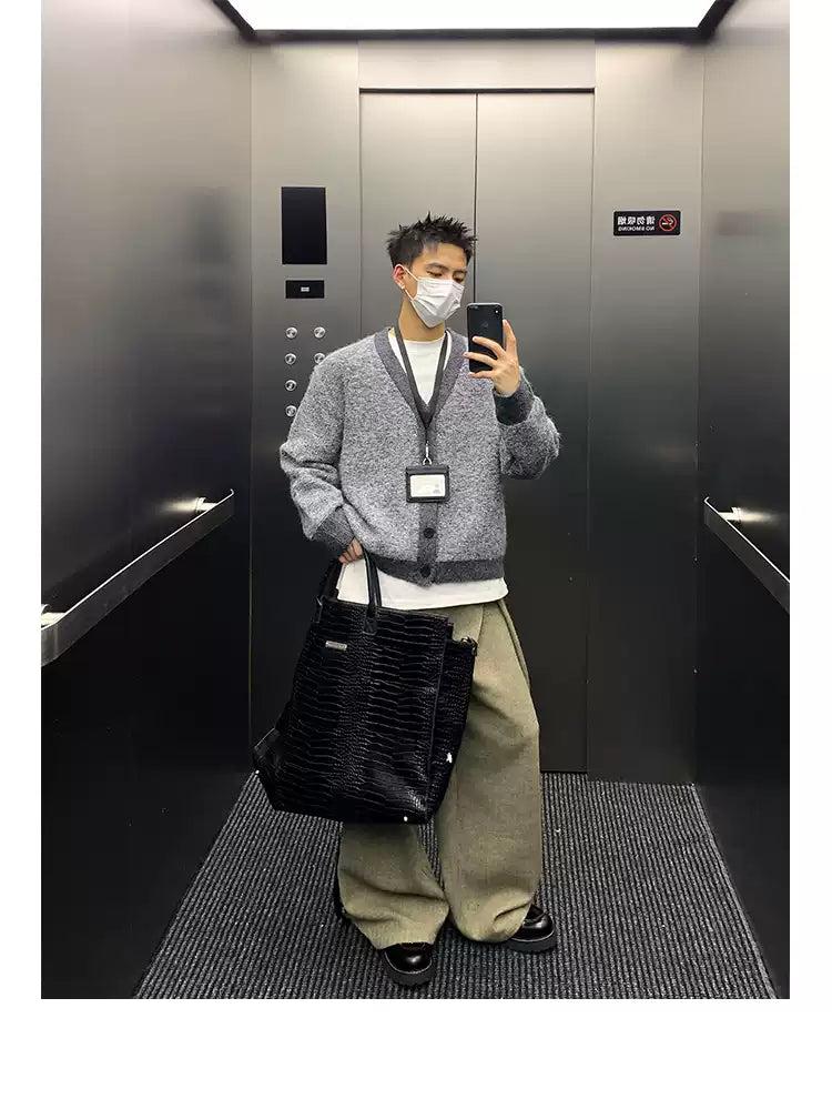 Contrast Fuzzy Knit V-Neck Cardigan Korean Street Fashion Cardigan By Poikilotherm Shop Online at OH Vault