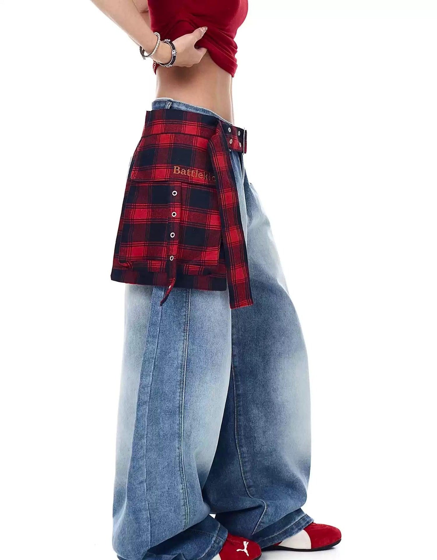 Plaid Splice Belt Wide Jeans Korean Street Fashion Jeans By Blacklists Shop Online at OH Vault