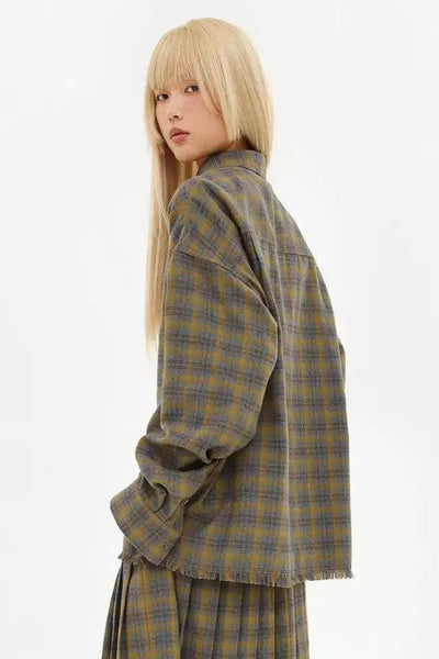 Frayed and Plaid Shirt Korean Street Fashion Shirt By Crying Center Shop Online at OH Vault