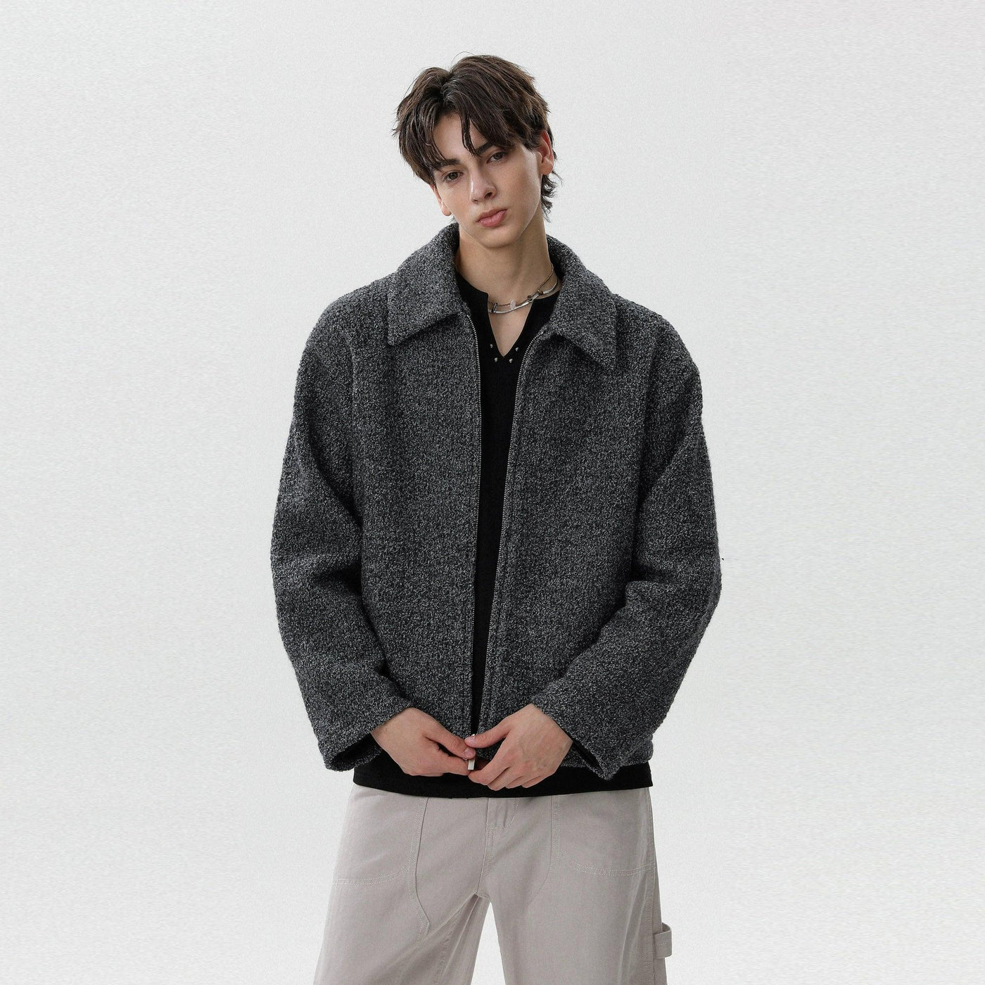 Fuzzy Textured Zip-Up Jacket Korean Street Fashion Jacket By Mr Nearly Shop Online at OH Vault