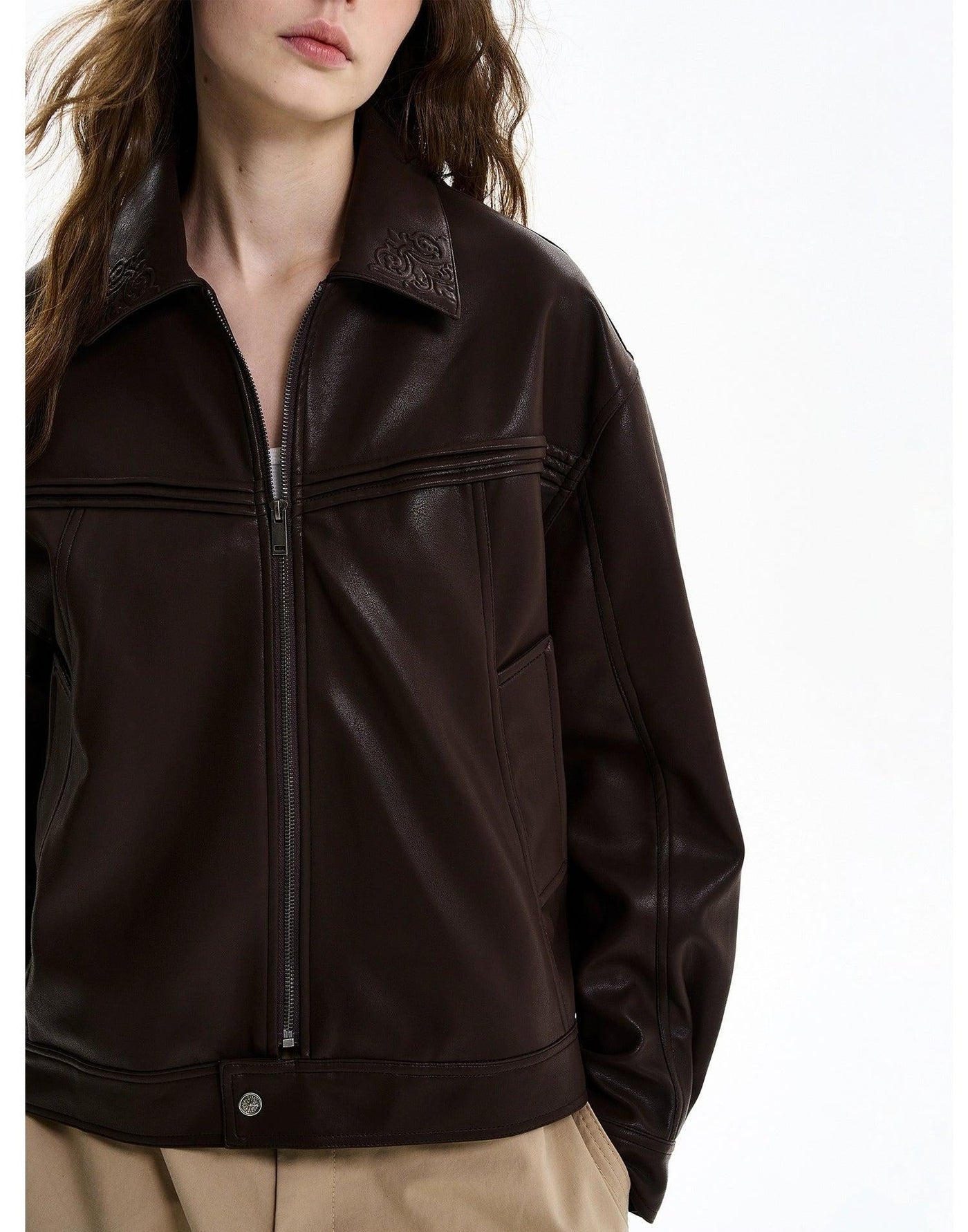 Embossed Collar PU Leather Jacket Korean Street Fashion Jacket By MaxDstr Shop Online at OH Vault