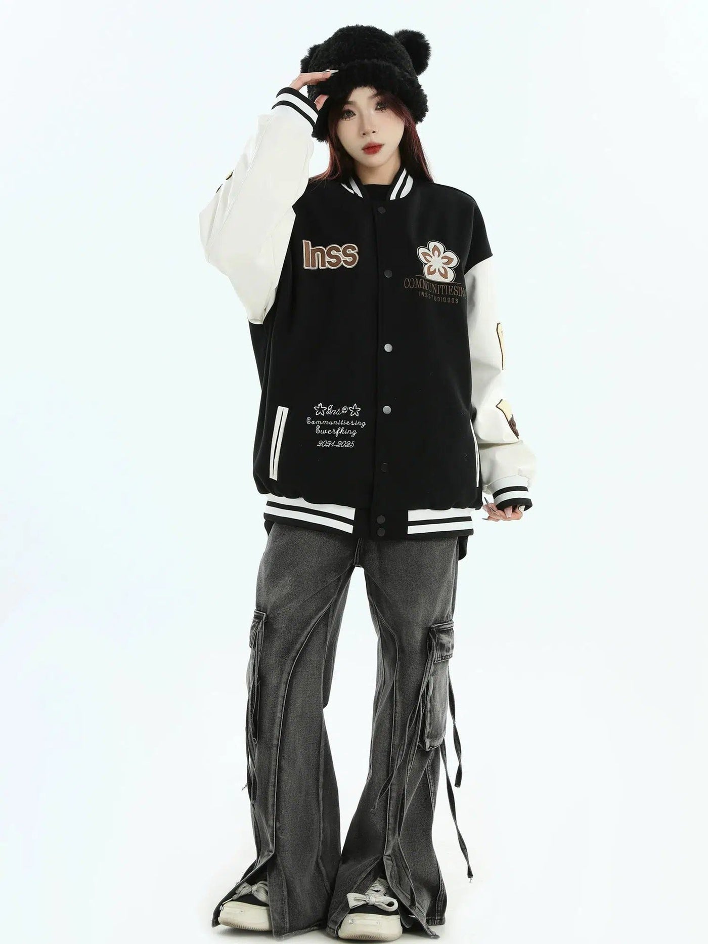 Fuzzy Flower & Logo Embroidery Varsity Jacket Korean Street Fashion Jacket By INS Korea Shop Online at OH Vault