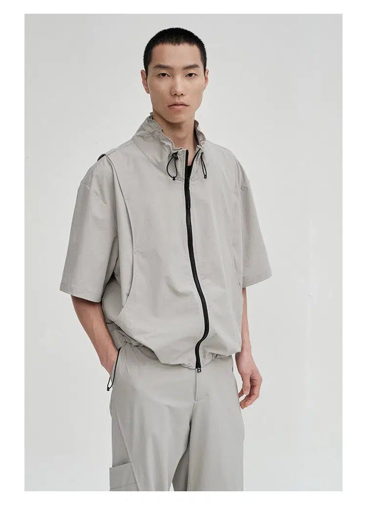 Stand Collar Zipped Short Sleeve Shirt Korean Street Fashion Shirt By NANS Shop Online at OH Vault