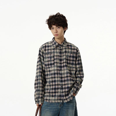 Vintage Plaid Long Sleeve Shirt Korean Street Fashion Shirt By 77Flight Shop Online at OH Vault