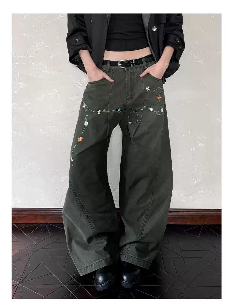 Structured Floral Embroidery Barrel Pants Korean Street Fashion Pants By A PUEE Shop Online at OH Vault