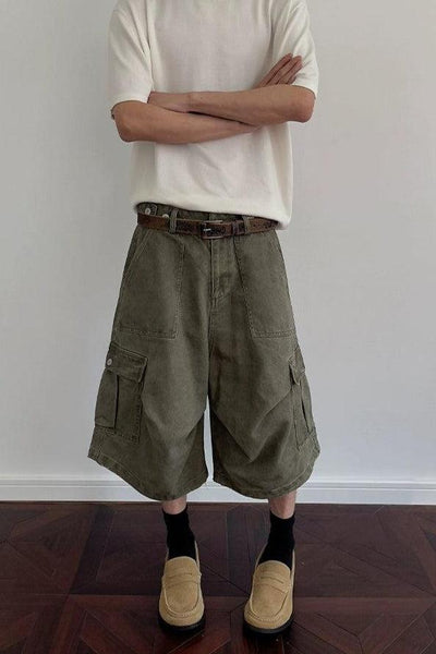 Washed Wide Cargo Denim Shorts Korean Street Fashion Shorts By A PUEE Shop Online at OH Vault