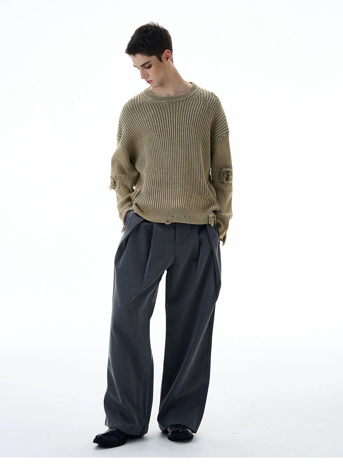 Distressed Textured Round Neck Sweater Korean Street Fashion Sweater By 77Flight Shop Online at OH Vault