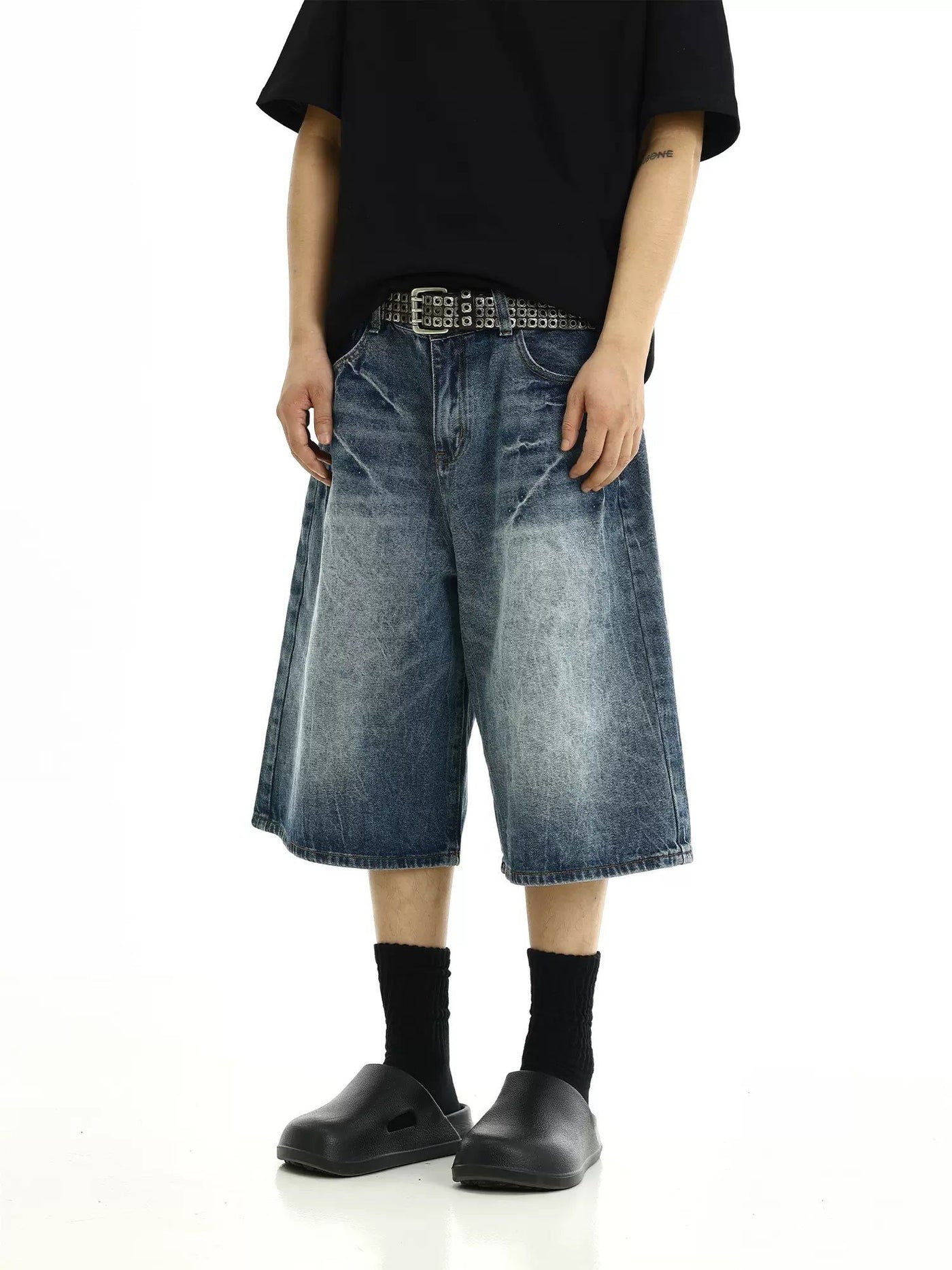 Washed Effect Lines Denim Shorts Korean Street Fashion Shorts By MEBXX Shop Online at OH Vault