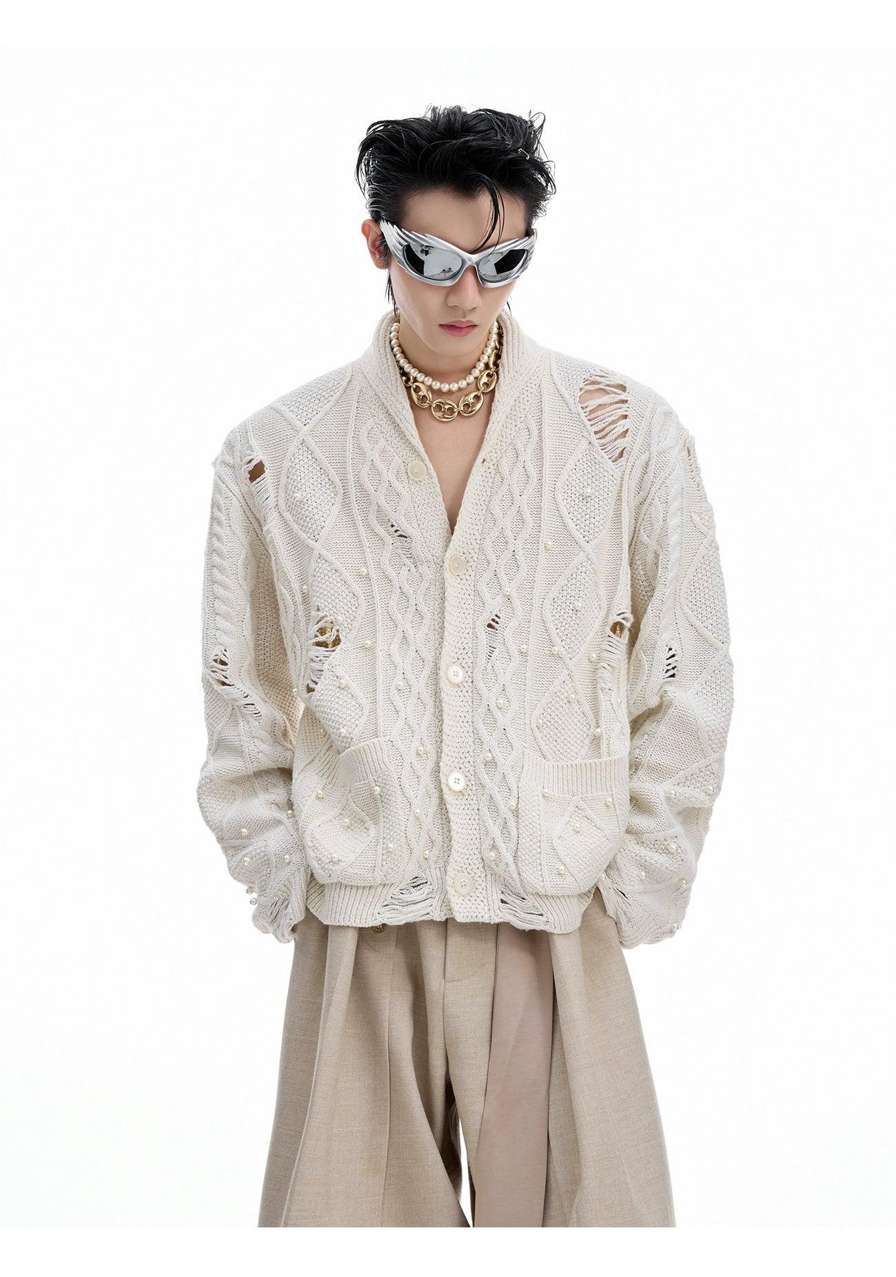 Distressed Pearl Detail Knit Cardigan Korean Street Fashion Cardigan By Argue Culture Shop Online at OH Vault