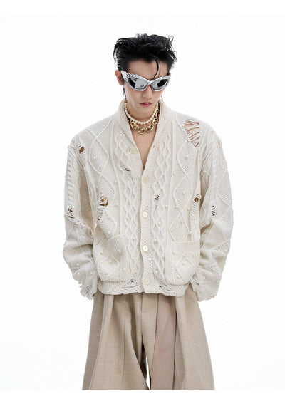 Distressed Pearl Detail Knit Cardigan Korean Street Fashion Cardigan By Argue Culture Shop Online at OH Vault