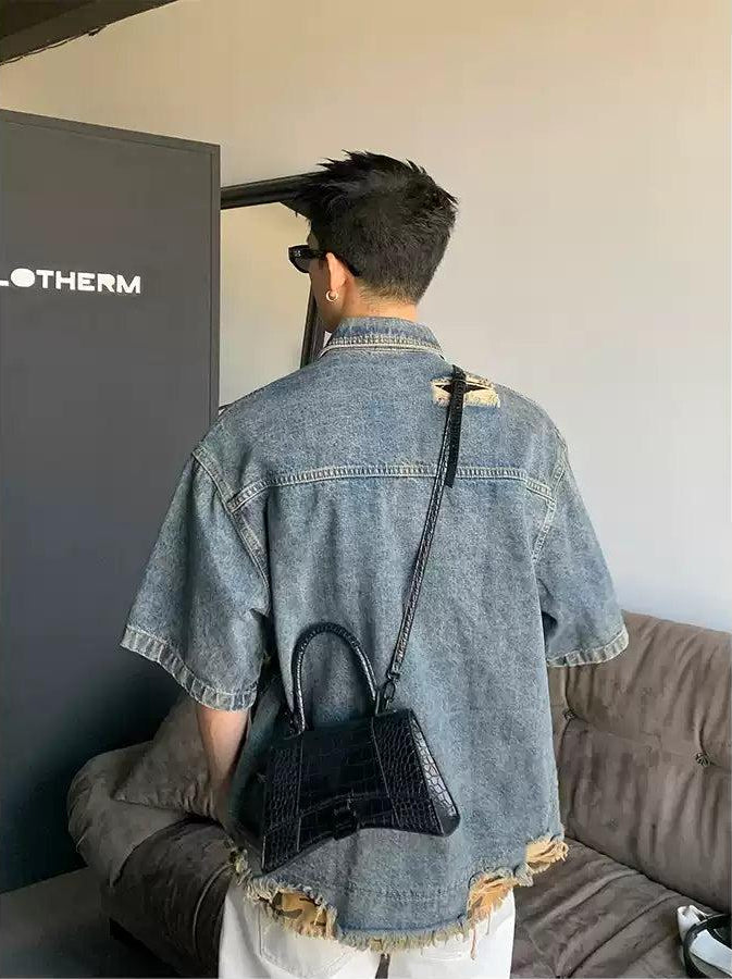 Tassel Ripped Layer Faded Denim Shirt Korean Street Fashion Shirt By Poikilotherm Shop Online at OH Vault
