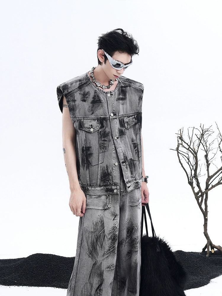 Smudged Spots Denim Vest & Jeans Set Korean Street Fashion Clothing Set By Slim Black Shop Online at OH Vault