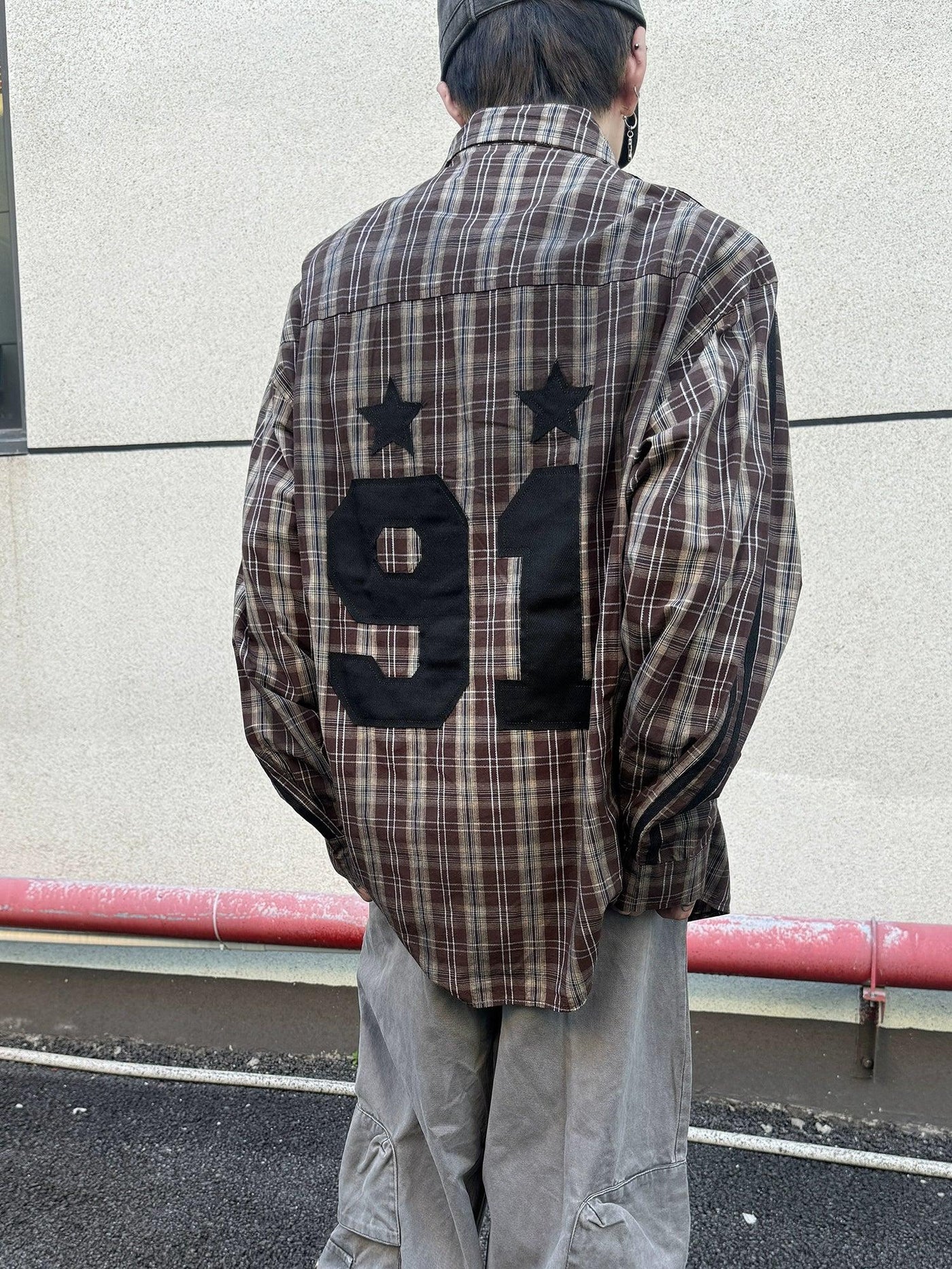 Number Patched Plaid Shirt Korean Street Fashion Shirt By Ash Dark Shop Online at OH Vault