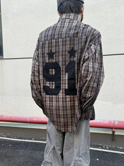 Number Patched Plaid Shirt Korean Street Fashion Shirt By Ash Dark Shop Online at OH Vault