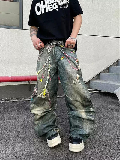 Colorful Chain Loose Fit Jeans Korean Street Fashion Jeans By Dark Fog Shop Online at OH Vault