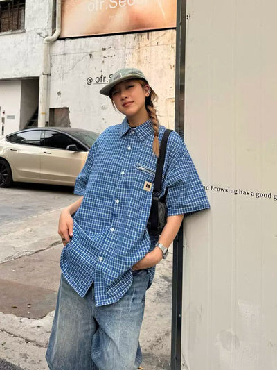 Grid Loose Fit Shirt Korean Street Fashion Shirt By Made Extreme Shop Online at OH Vault