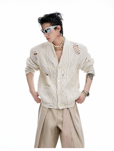 Distressed Pearl Detail Knit Cardigan Korean Street Fashion Cardigan By Argue Culture Shop Online at OH Vault