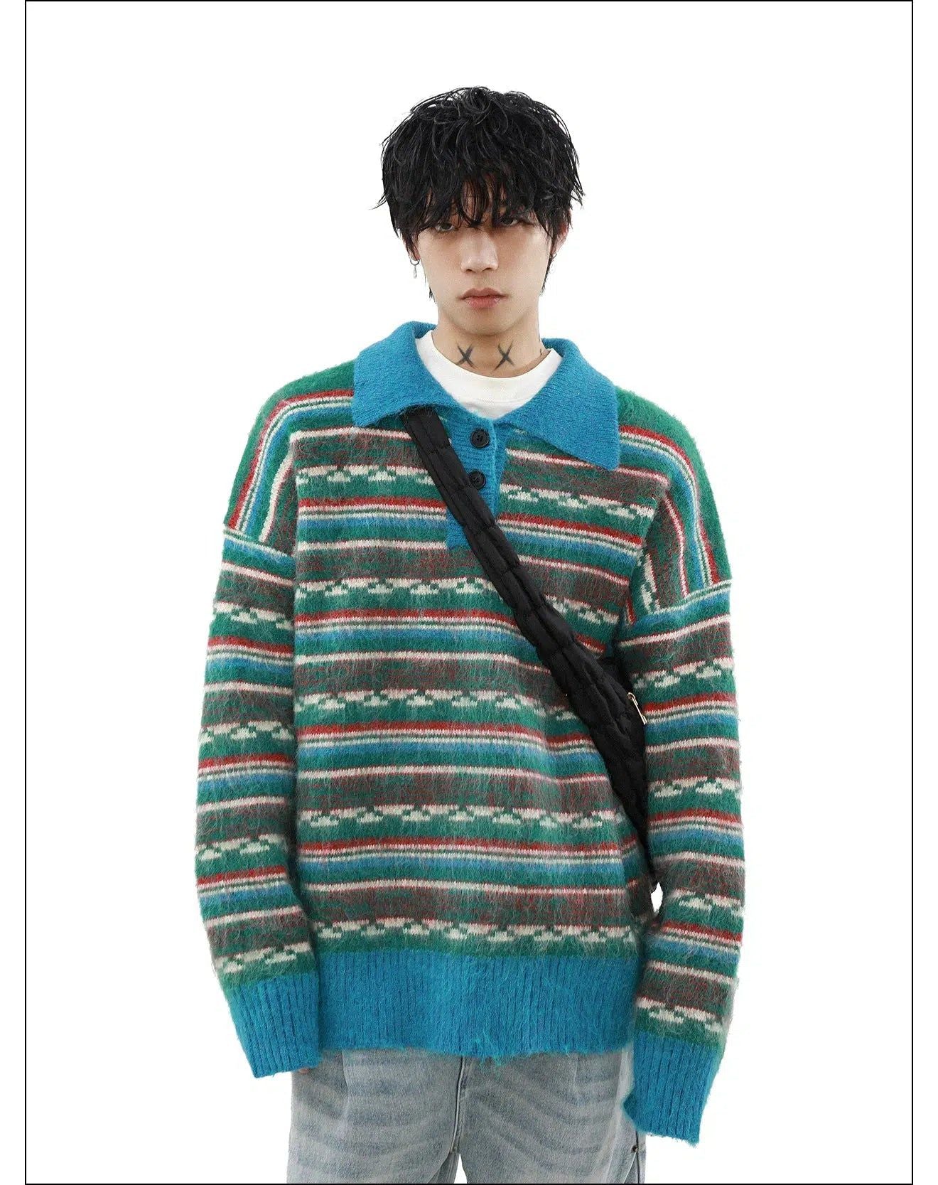 Fuzzy Striped Knit Polo Korean Street Fashion Polo By Mr Nearly Shop Online at OH Vault