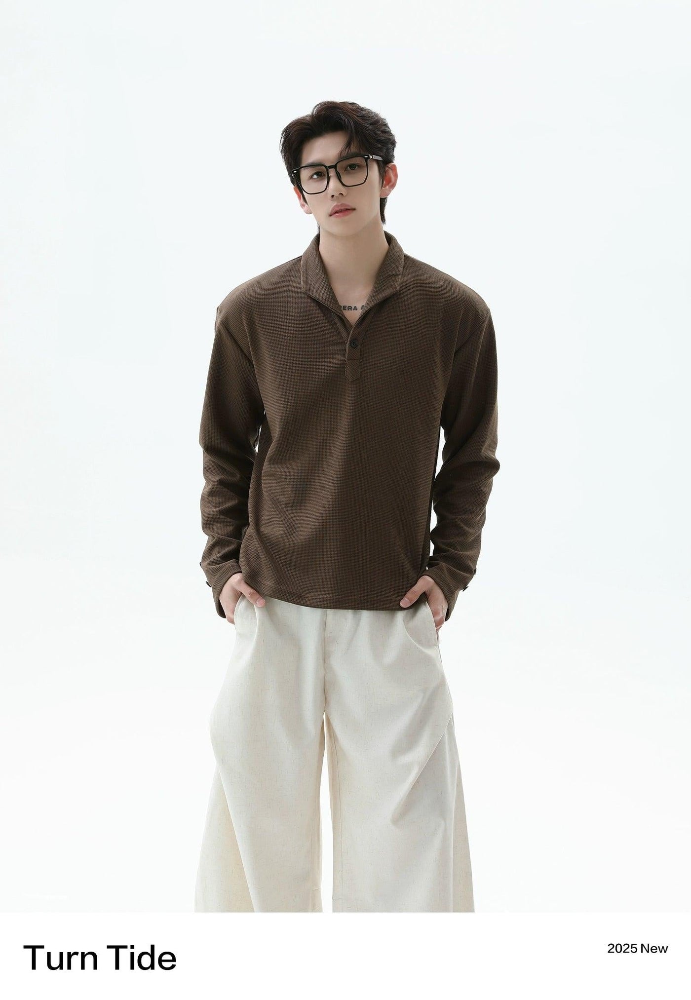 Waffle Textured Long Sleeve Polo Korean Street Fashion Polo By Turn Tide Shop Online at OH Vault