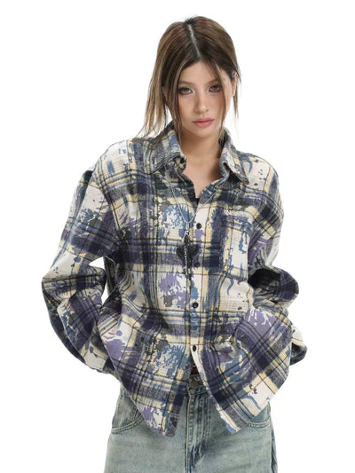 Splatters Buttoned Plaid Shirt Korean Street Fashion Shirt By INS Korea Shop Online at OH Vault