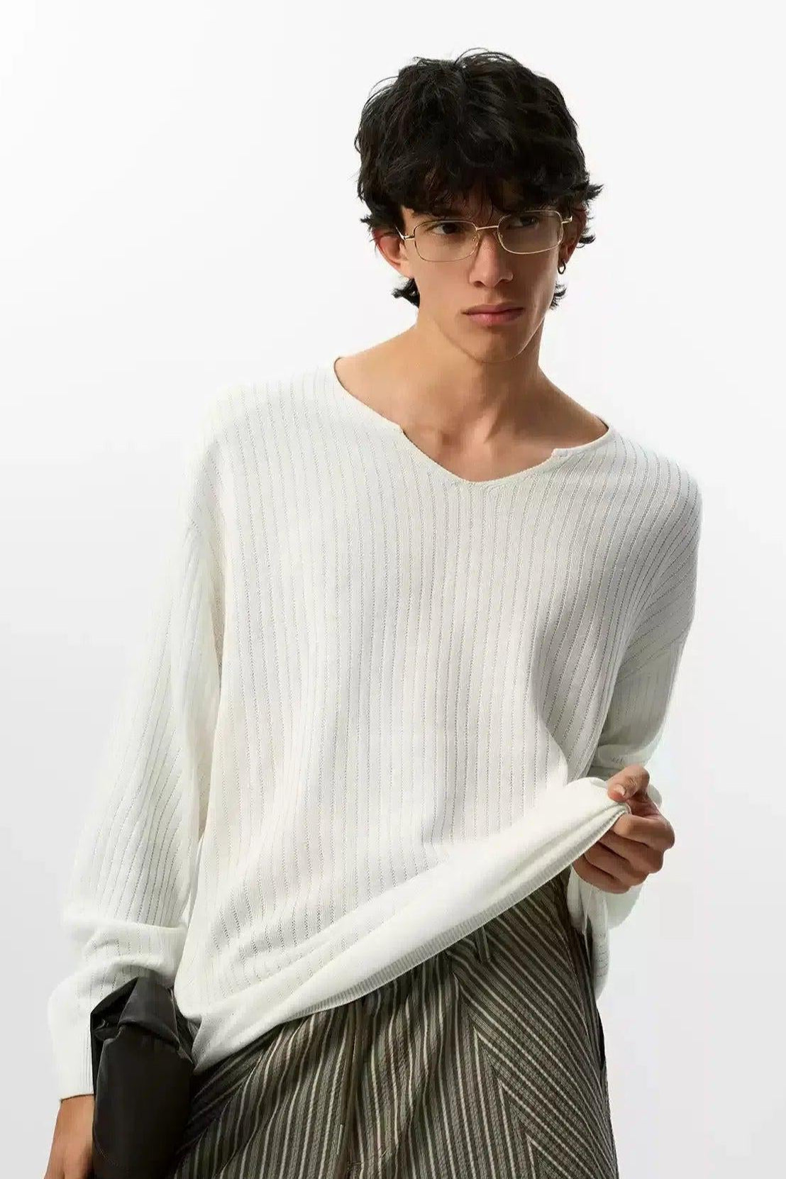 Textured V-Neck Sweater Korean Street Fashion Sweater By JHYQ Shop Online at OH Vault