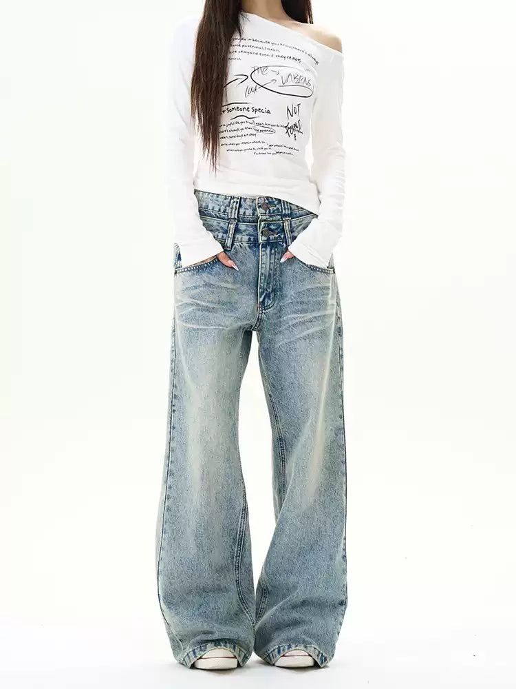 Double Waist Fade Jeans Korean Street Fashion Jeans By 77Flight Shop Online at OH Vault