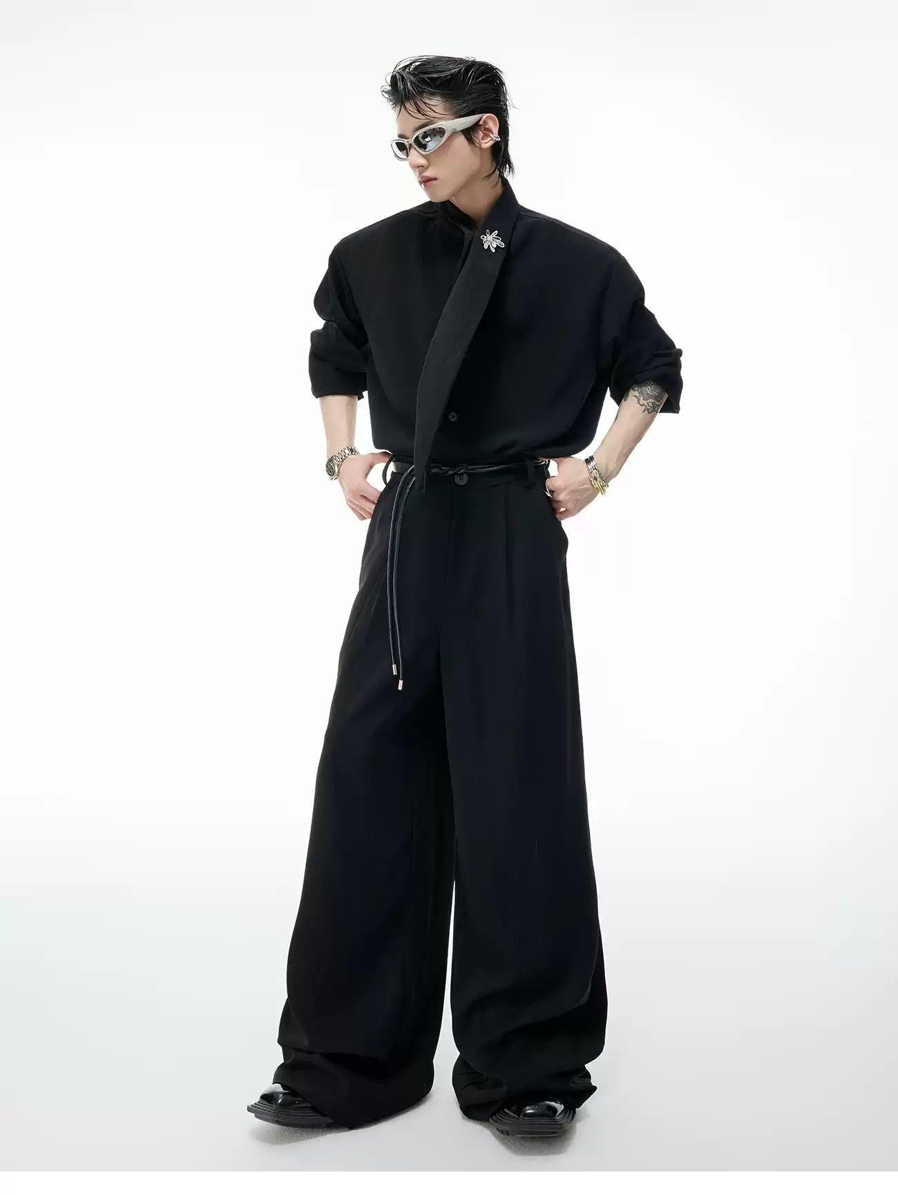 Textured Scarf Detail Shirt & Wide Pants Set Korean Street Fashion Clothing Set By Argue Culture Shop Online at OH Vault