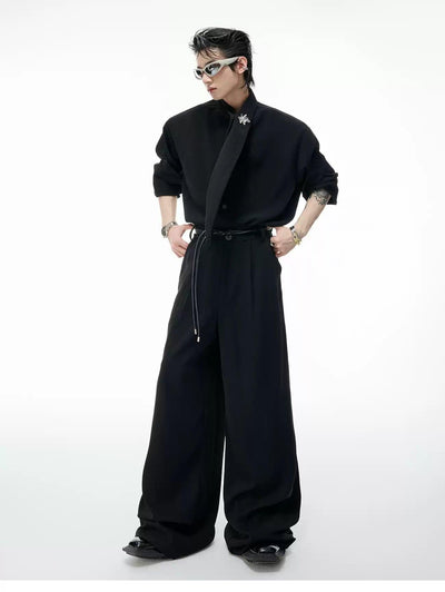 Textured Scarf Detail Shirt & Wide Pants Set Korean Street Fashion Clothing Set By Argue Culture Shop Online at OH Vault