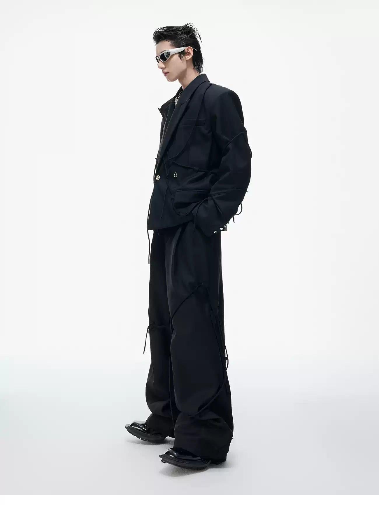 Buttoned Drawstring Detail Blazer & Wide Leg Trousers Set Korean Street Fashion Clothing Set By Argue Culture Shop Online at OH Vault