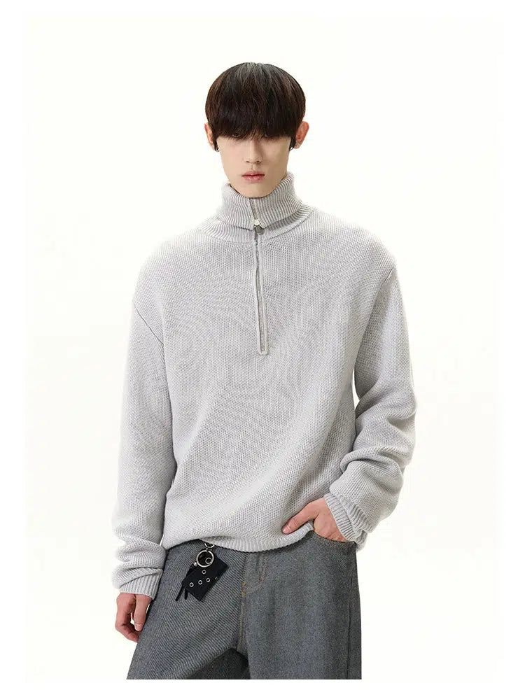 High Collar Ribbed Knit Half-Zip Korean Street Fashion Half-Zip By A PUEE Shop Online at OH Vault