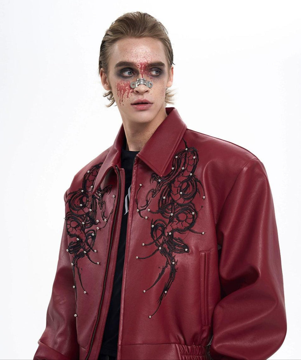 Snake Stitched PU Leather Jacket Korean Street Fashion Jacket By Slim Black Shop Online at OH Vault