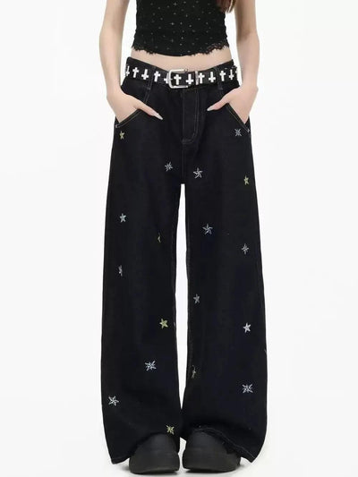 Stars Stitch Straight Leg Jeans Korean Street Fashion Jeans By INS Korea Shop Online at OH Vault