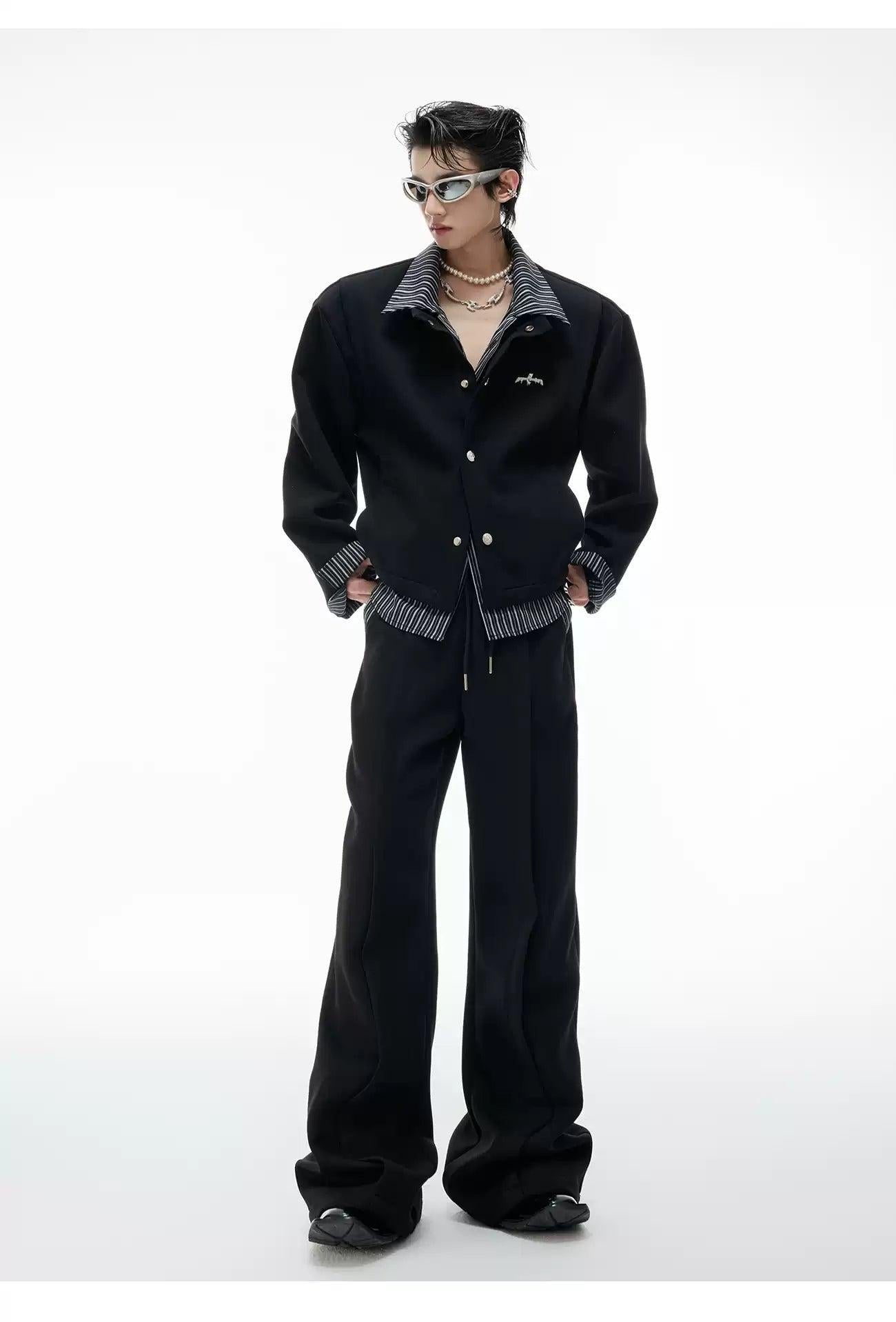Layered Stripe Buttoned Jacket & Drawstring Sweatpants Set Korean Street Fashion Clothing Set By Argue Culture Shop Online at OH Vault