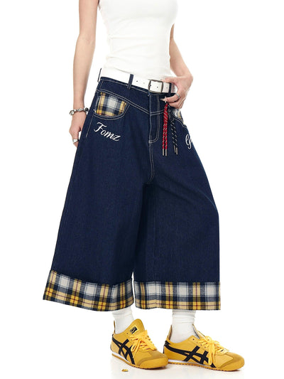 Plaid Spliced Wide Denim Shorts Korean Street Fashion Shorts By Blacklists Shop Online at OH Vault