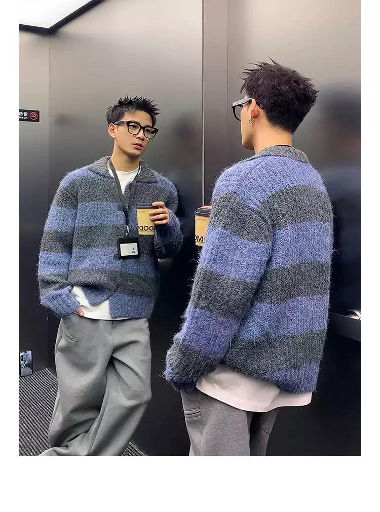 Fuzzy Knit Striped Cardigan Korean Street Fashion Cardigan By Poikilotherm Shop Online at OH Vault