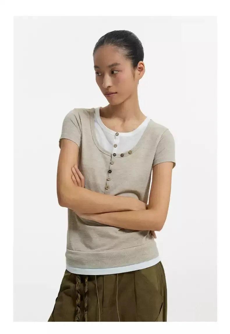 Layered and Buttoned T-Shirt Korean Street Fashion T-Shirt By Conp Conp Shop Online at OH Vault