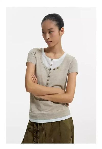 Layered and Buttoned T-Shirt Korean Street Fashion T-Shirt By Conp Conp Shop Online at OH Vault