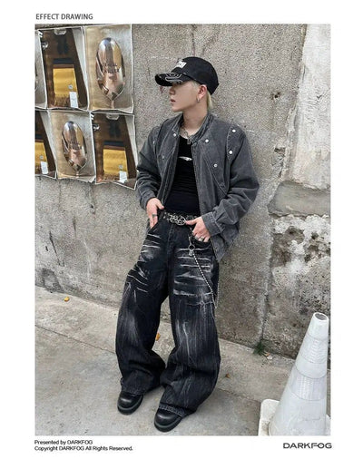 Ripple & Lightning Pattern Wide Jeans Korean Street Fashion Jeans By Dark Fog Shop Online at OH Vault