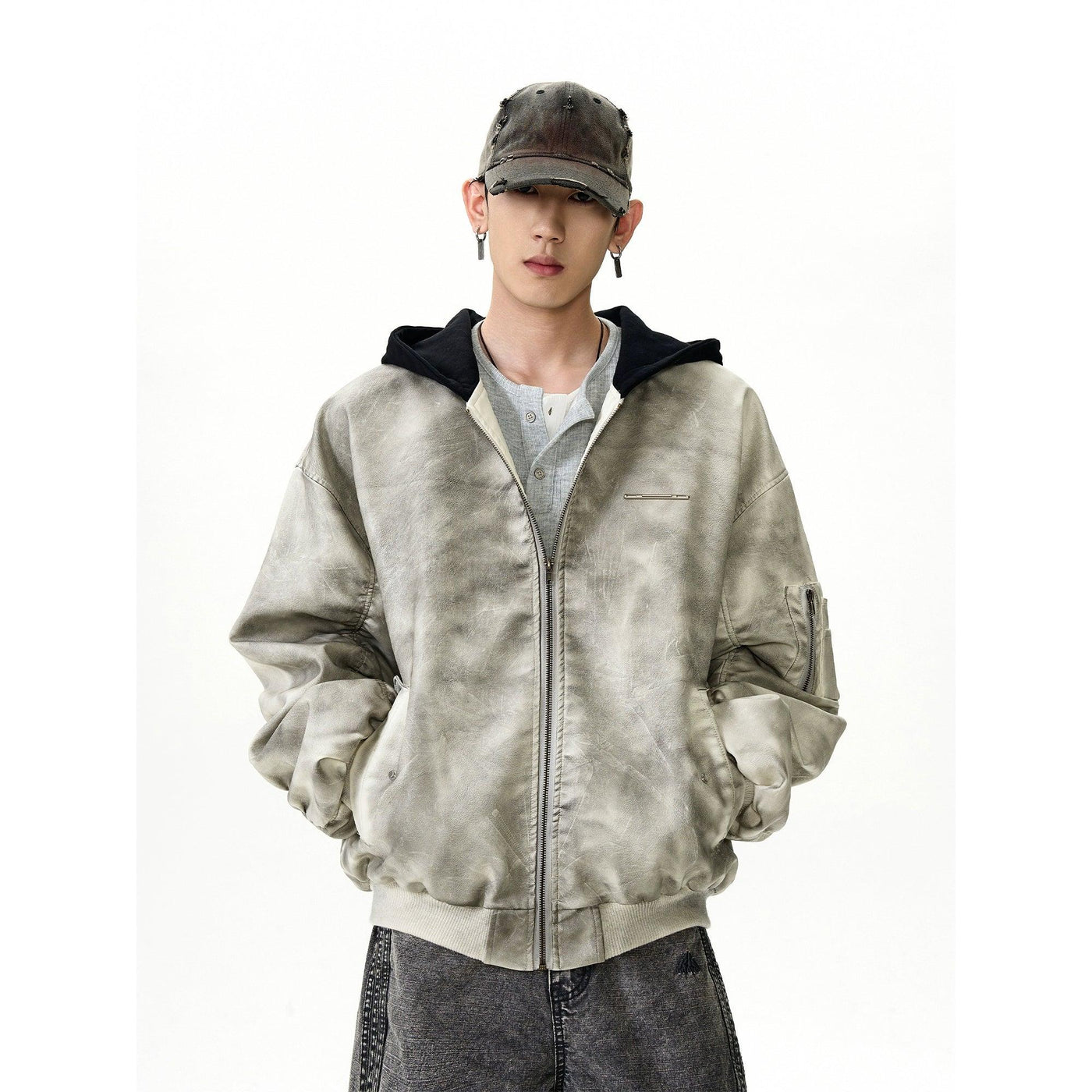 Washed PU Leather Spliced Hood Bomber Jacket Korean Street Fashion Jacket By MaxDstr Shop Online at OH Vault