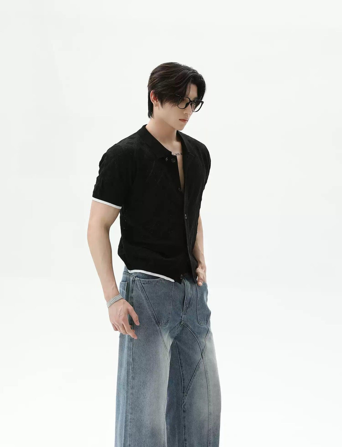 Diamond Pattern Knit Short Sleeve Shirt Korean Street Fashion Shirt By Turn Tide Shop Online at OH Vault