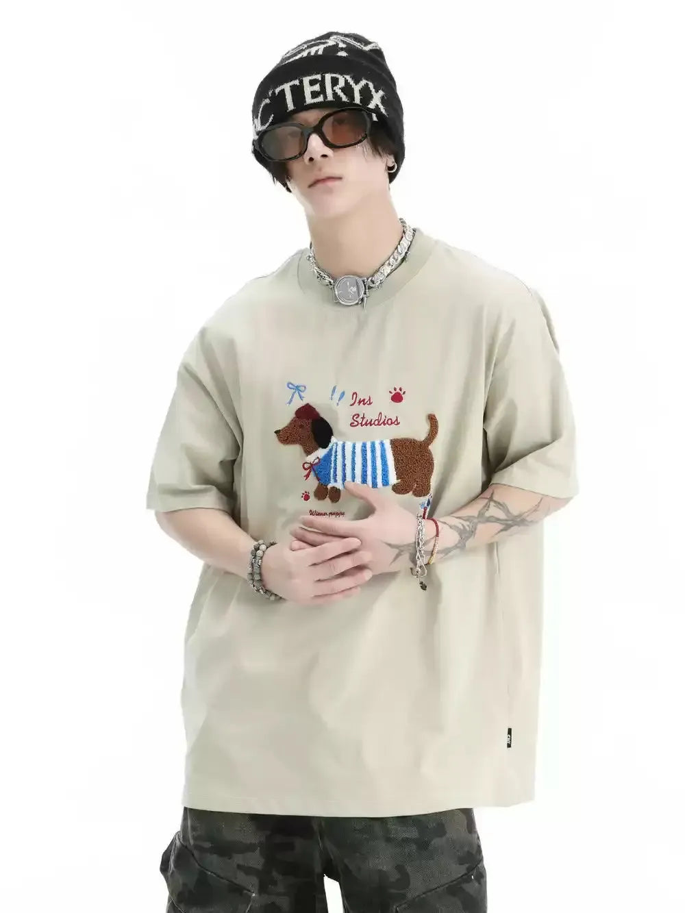 Dachshund Towel Embroidery T-Shirt Korean Street Fashion T-Shirt By INS Korea Shop Online at OH Vault