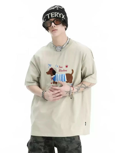 Dachshund Towel Embroidery T-Shirt Korean Street Fashion T-Shirt By INS Korea Shop Online at OH Vault