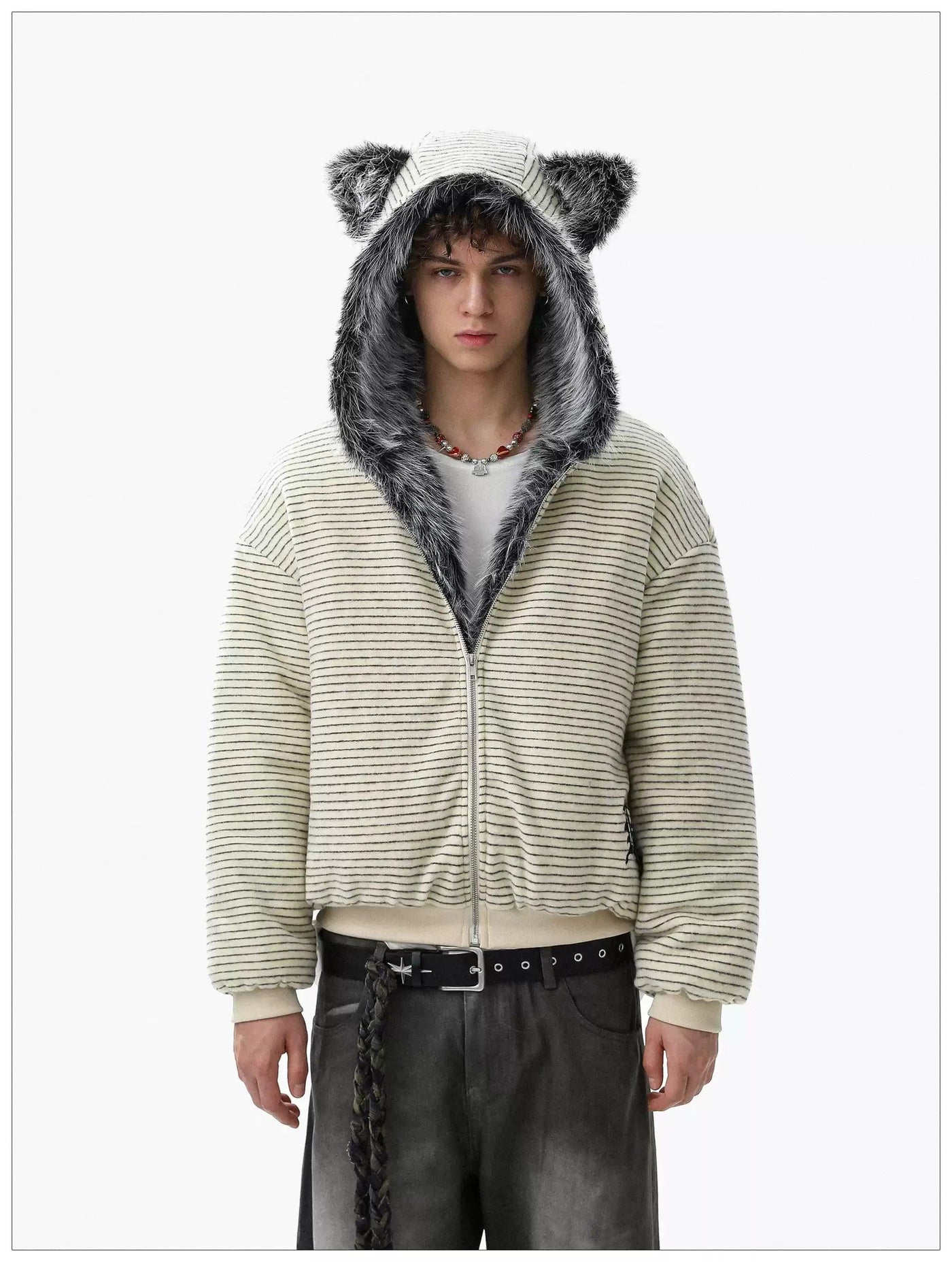 Teddy Bear Fur-Trimmed Stripes Jacket Korean Street Fashion Jacket By Mr Nearly Shop Online at OH Vault