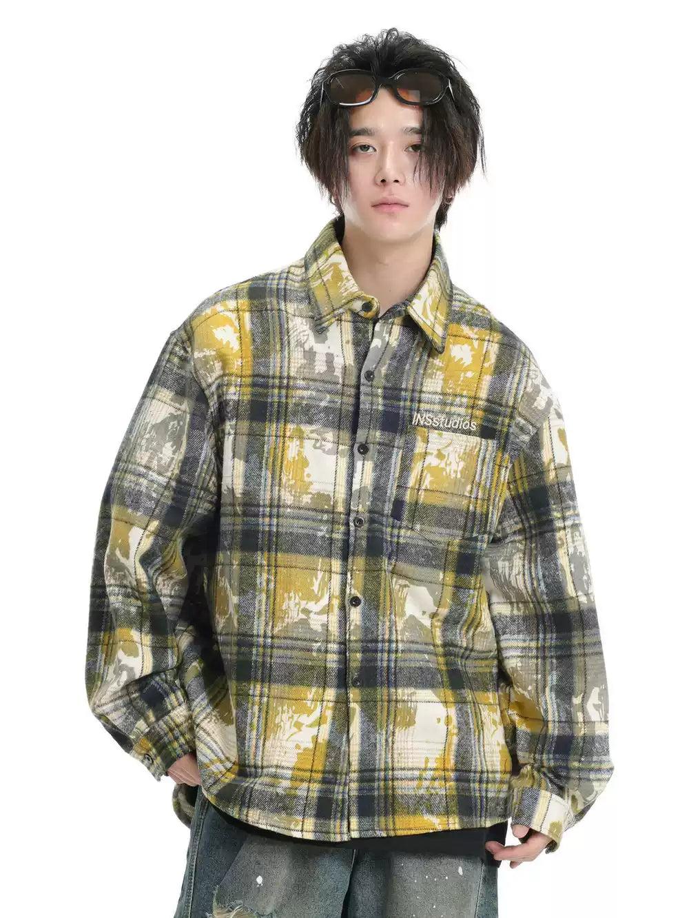 Splatters Buttoned Plaid Shirt Korean Street Fashion Shirt By INS Korea Shop Online at OH Vault