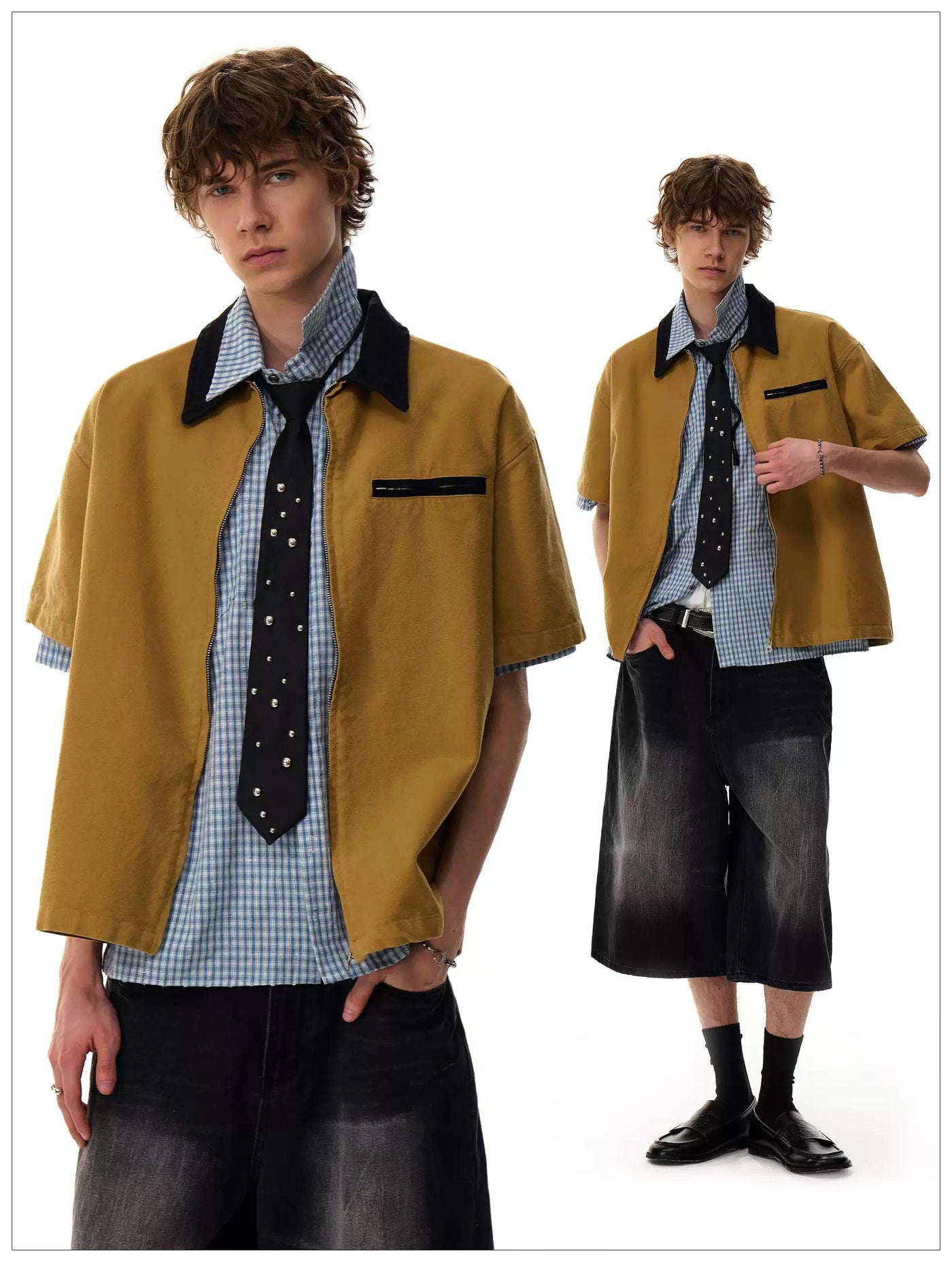 Contrast Collar Boxy Zipped Shirt Korean Street Fashion Shirt By Mr Nearly Shop Online at OH Vault